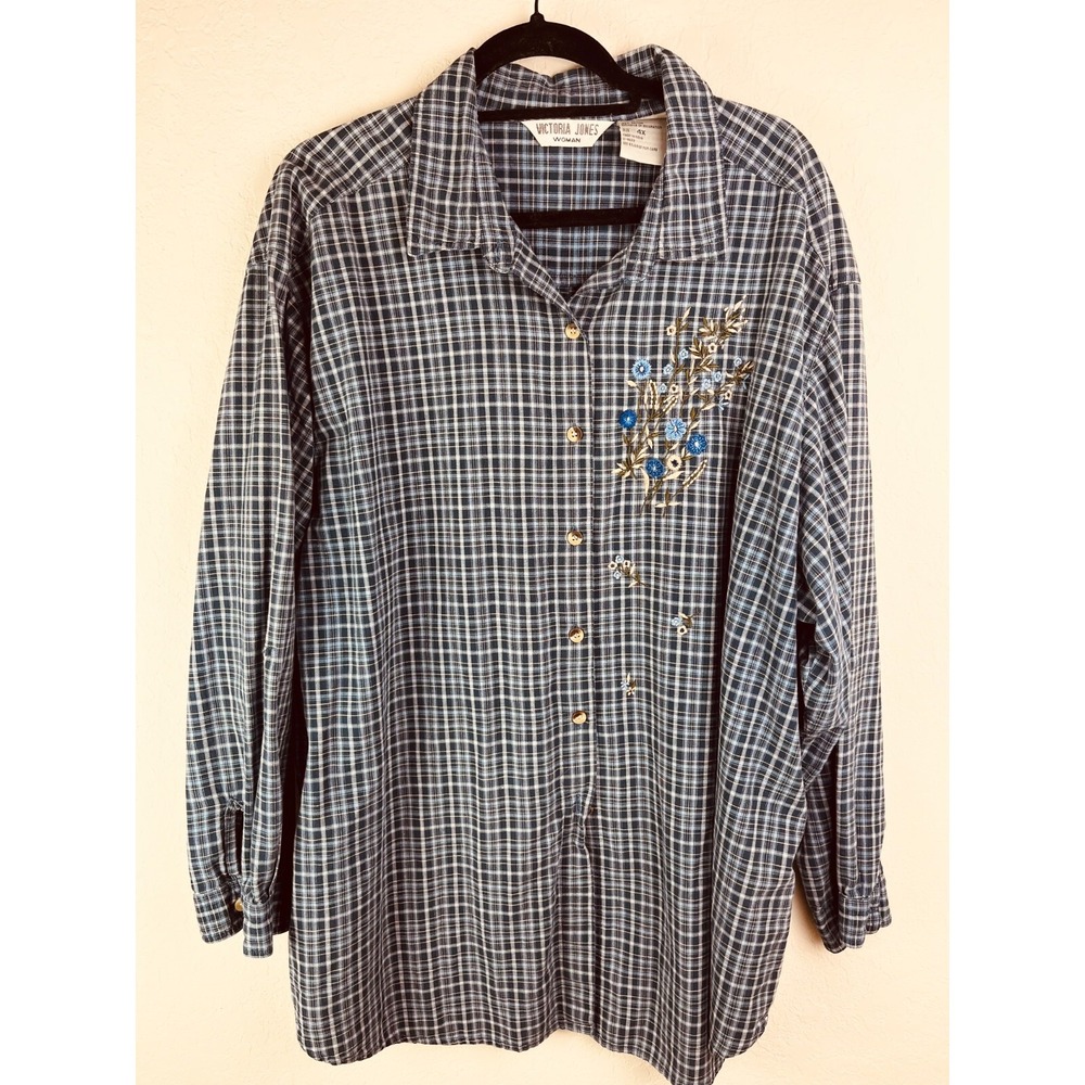 Victoria Jones Woman 4X Button Up Plaid Floral Blouse‎ Shirt Plus Embroidered